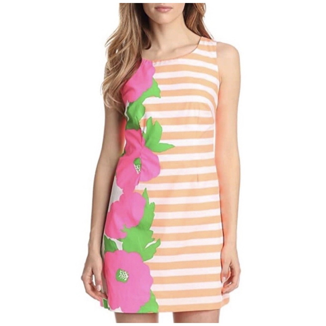 Lilly Pulitzer Delia Orange White Striped Pink Floral Shift Dress Size 8 Summer